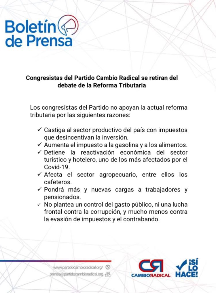 Muy coherente la bancada de <a href="/PCambioRadical/">Cambio Radical</a> hoy en comisiones económicas. No a la reforma tributaria.