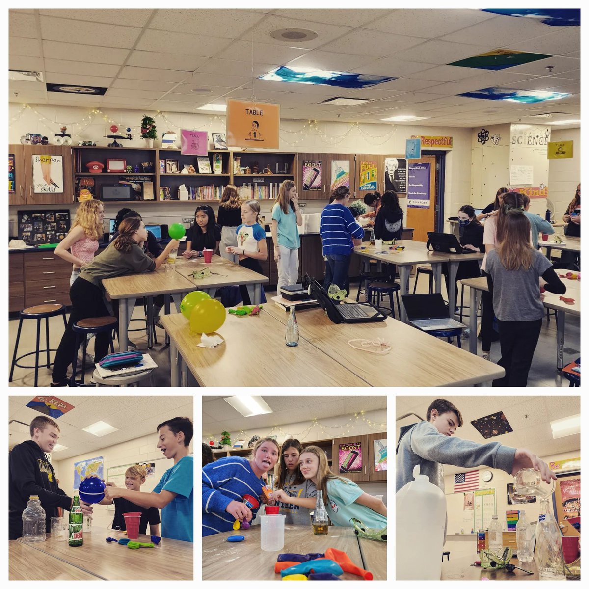 MrLewisDMS's tweet photo. Blue Team @DeWitt_Panthers are Fizz Inflating today! It's by far our smelliest lab. #middleschoolscience #middleschoolteacher  #dewittpanthers #cultureofexcellence https://t.co/CXj0gv7Ws6