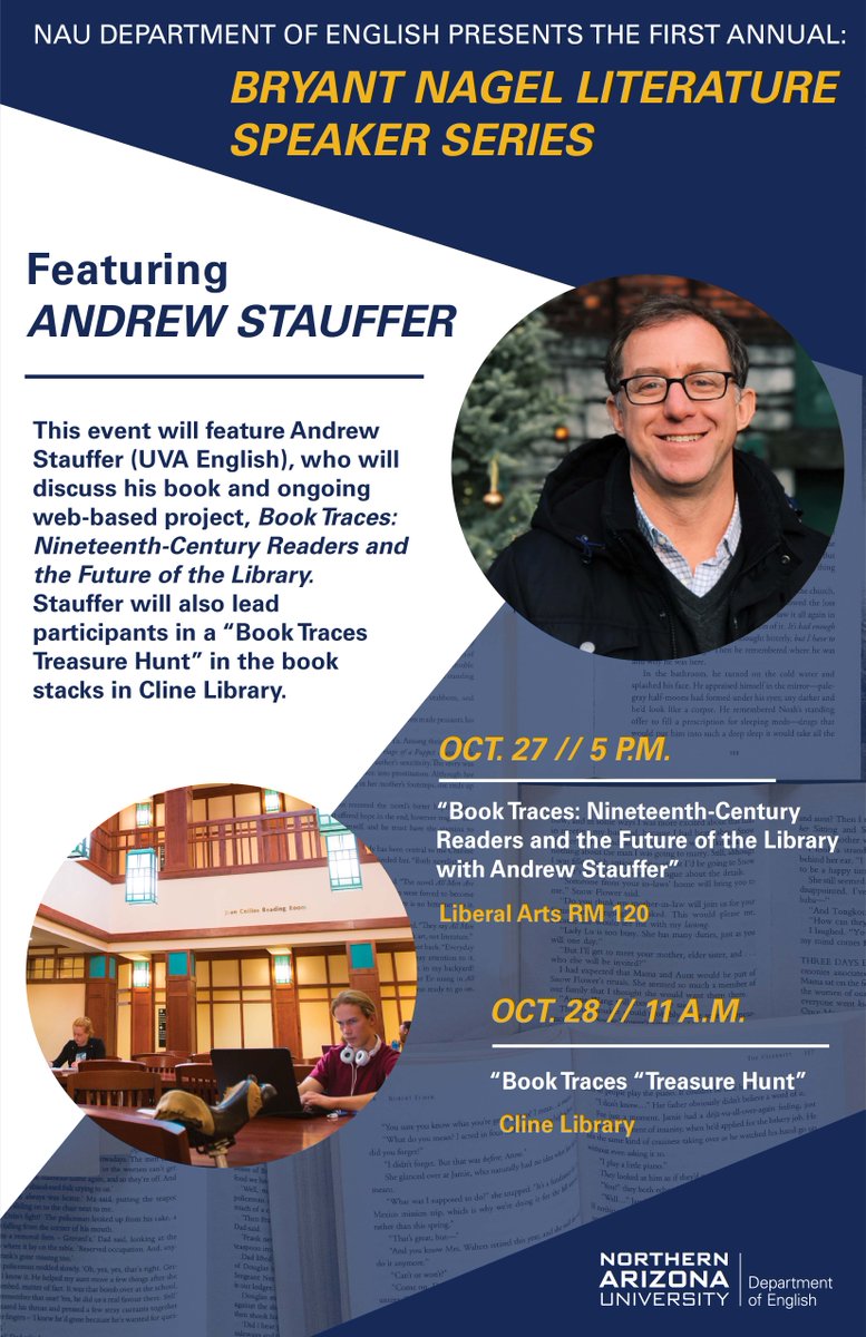 nau_calevents's tweet photo. Join the English Department for author Andrew Stauffer as he discusses his new book and leads a treasure hunt in the book stacks at Cline Library!
#NAUCAL #CALEvent #English #BookTraces @NAUClineLibrary @NAU https://t.co/GWYxRKwGzv