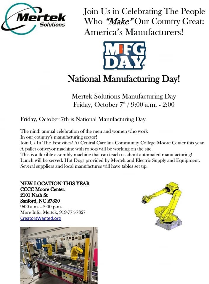 Please join us tomorrow for Manufacturing Day 2022. This year's event will be held at the CCCC Moore Center located at 2101 Nash St in Sanford, NC from 9am-2pm. Come see us and enjoy a hotdog!! #MFGDay22