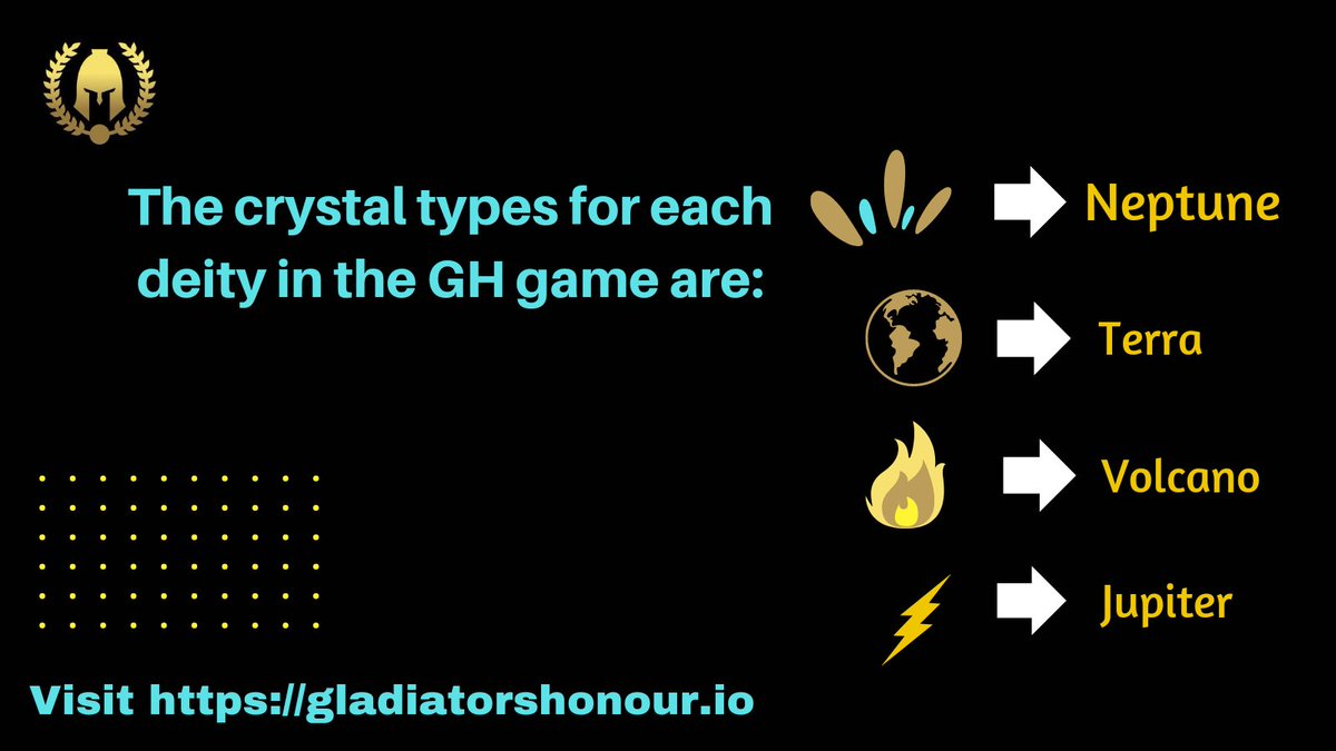 Web3_Emyral's tweet photo. The crystal types for each deity in the GH game include'
Aquatic- Neptune
Earthy - Terra
Fiery - Volcano
Lightning - Jupiter
#GHON #P2E #P2EGame https://t.co/YCefgosgw6