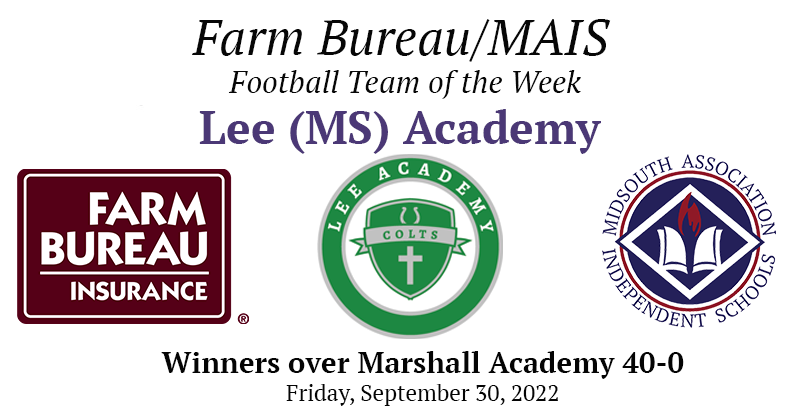 msais's tweet photo. Congratulations to Lee (MS) Academy for being named the @farmbureau /MAIS Football Team of the Week. The Colts defeated Marshall Academy this past Friday night to secure the Class 4A, District 1 Championship. Note: There were 14,030 votes cast this week!  #MAIS_Football