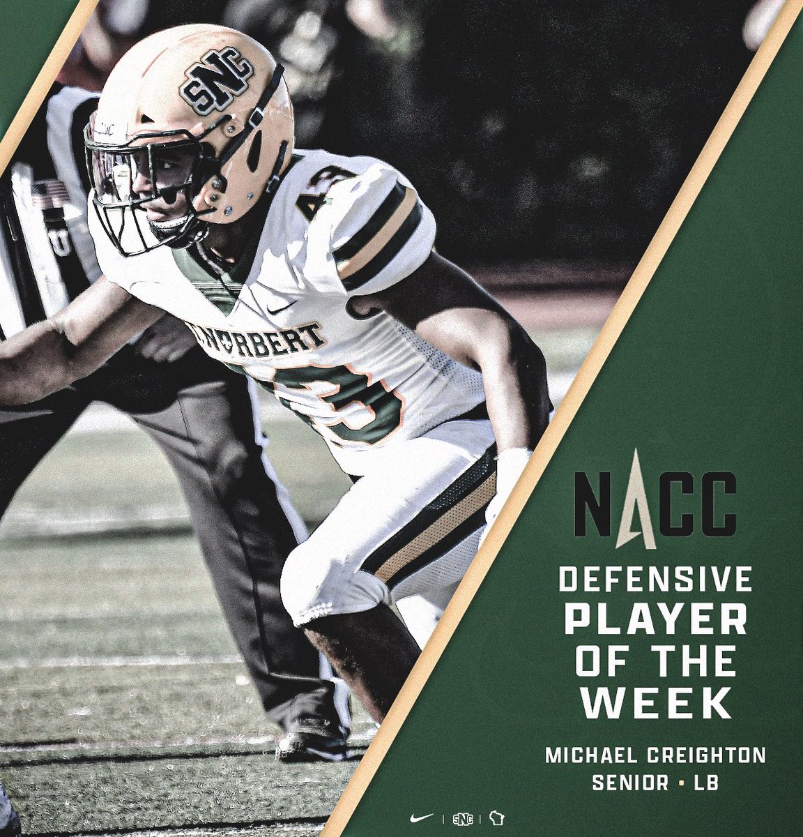Congratulations to Senior LB Michael Creighton (<a href="/MichaelJ_C/">Michael Creighton 🇯🇲</a>) on being named NACC Defensive Player of the Week for his performance in the 26-12 victory over Benedictine University. 

Creighton recorded 11 tackles, 3 tackles for loss, 1 sack, and 1 forced fumble.

🟢⚔️🟡
#FAMILY
