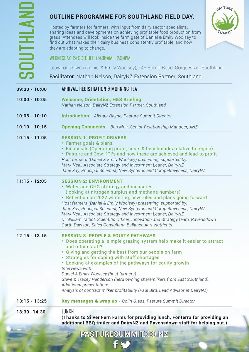 Check out the great programme &amp; fantastic lineup of speakers and dairy sector specialists at our upcoming Southland Spring Field Day on Wednesday, 19 Oct.

Register today at pasturesummit.co.nz

Many thanks to our wonderful sponsors as shown.