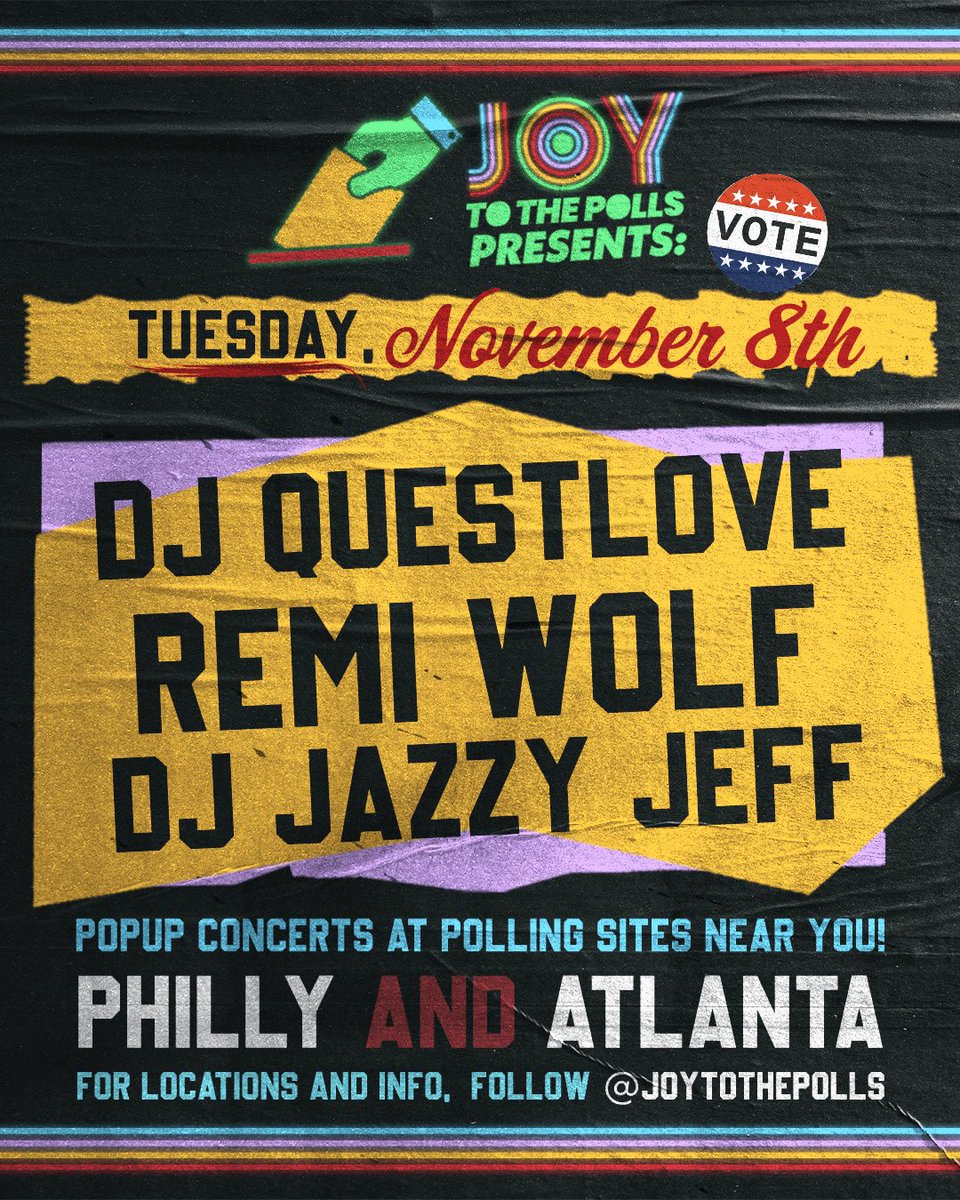 🚨BIG ANNOUNCEMENT!🚨 Our roving #ElectionDay concerts are back for these #MidtermElections and we have amazing artists and DJ's bringing #JoyToThePolls once again! We’ve got DJ @questlove and @djjazzyjeff215 in Philly, @remiwolf in Atlanta, and more names to come!