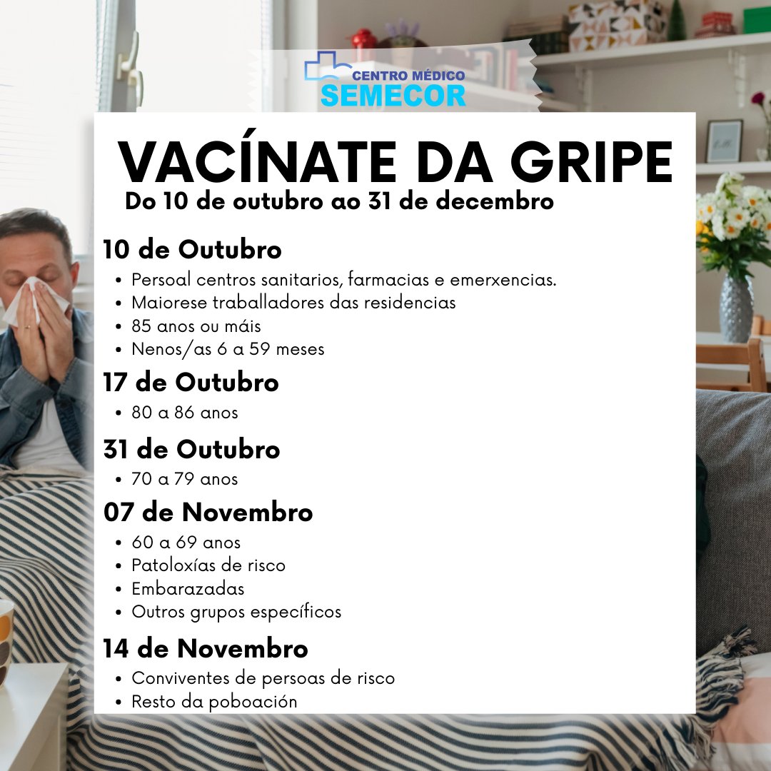 CMSemecor's tweet photo. Campaña de vacinación da gripe 2022
Podes vacinarte seguindo o calendario de vacinación en Centro Médico SEMECOR. https://t.co/XouTLrjNdP