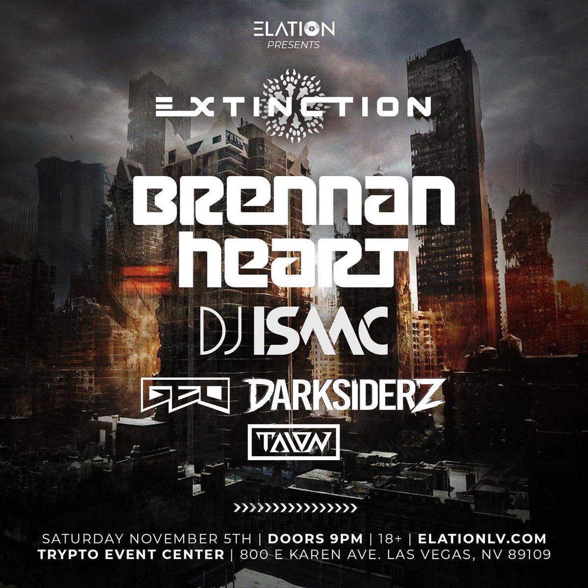 Elation Events (@elationlv) on Twitter photo We are ONE month away until Extinction ☢️ Have you secured your tickets yet?!
<a href="/djbrennanheart/">Brennan Heart</a> <a href="/djisaac/">DJ Isaac</a> <a href="/IAMGEOOFFICIAL_/">Geo</a> <a href="/DarksiderzMusic/">Darksiderz</a> <a href="/TalonWTF/">TΛLON</a>
🎟 bit.ly/extinction1 We are ONE month away until Extinction ☢️ Have you secured your tickets yet?!
<a href="/djbrennanheart/">Brennan Heart</a> <a href="/djisaac/">DJ Isaac</a> <a href="/IAMGEOOFFICIAL_/">Geo</a> <a href="/DarksiderzMusic/">Darksiderz</a> <a href="/TalonWTF/">TΛLON</a>
🎟 bit.ly/extinction1