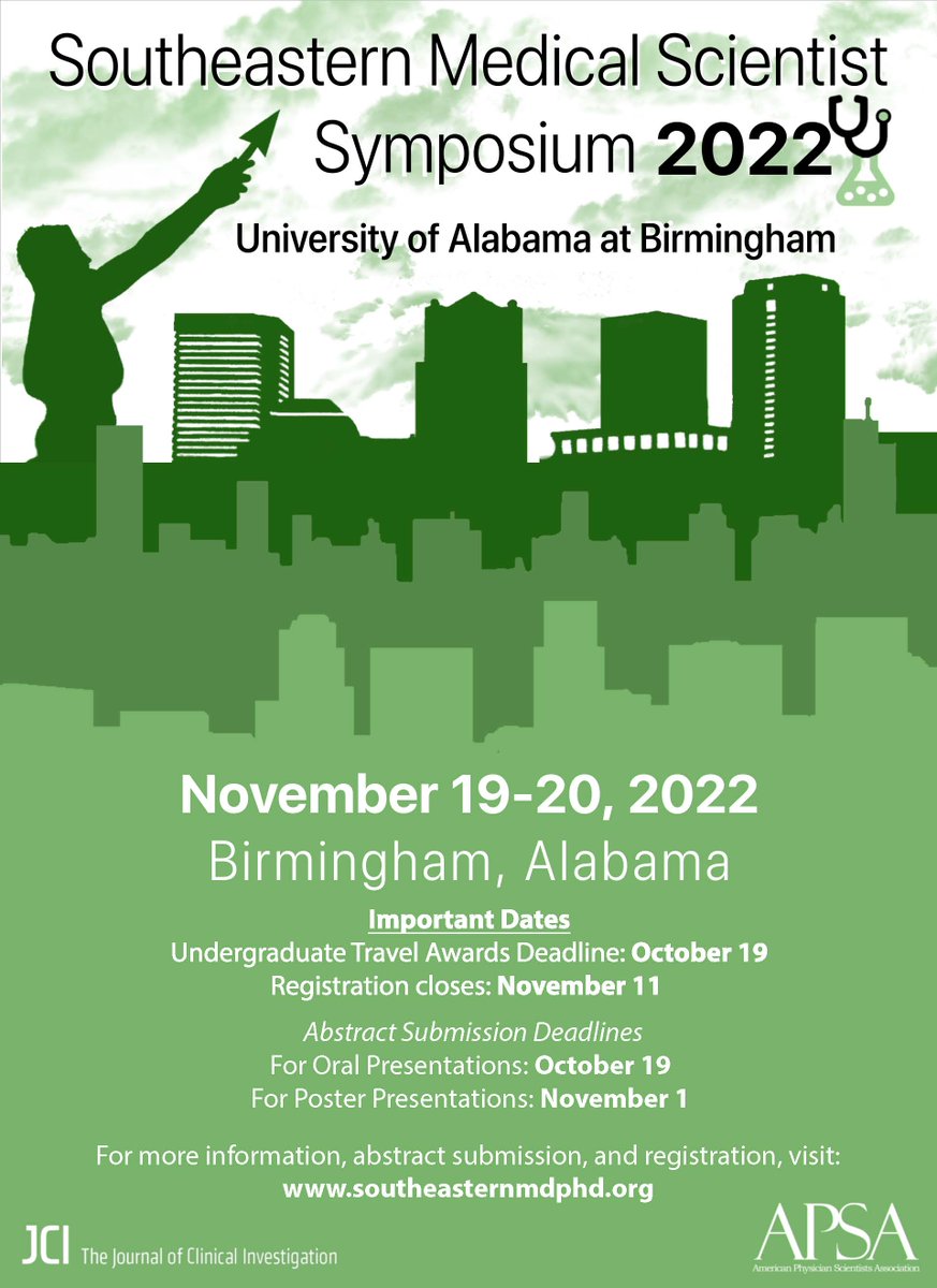 We have several APSA-sponsored regional conferences. Check out the Southeastern Medical Scientist Symposium hosted by @UABMSTP! Website: southeasternmdphd.org Meeting date: Nov 19-20 Undergraduate travel award deadline: Oct 19 Oral presentations due: Oct 19 Posters due: Nov 1