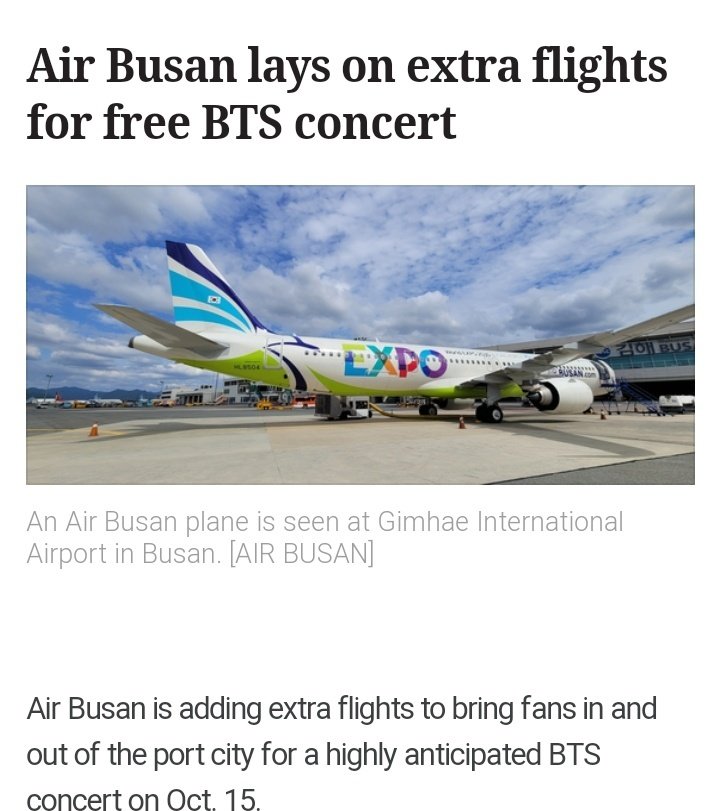 BTSquadInfo's tweet photo. [INFO]📰

Medios han informado que la aerolínea Air Busan agregó más de 12 vuelos para rutas de entrada y salida, solo para turistas que viajarán a Busan para el concierto de BTS. Todos los asientos ya están agotados [...] https://t.co/xnfPTaxuav
