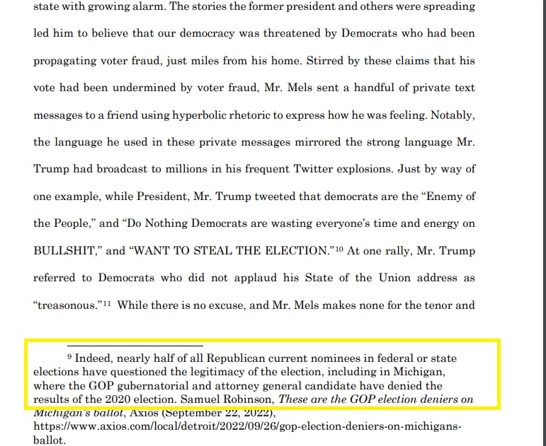 MacFarlaneNews's tweet photo. Seeking to avert prison sentence in his Jan 6 case, defendant James Mels of Michigan argues he'd been "alarmed" by claims of voter fraud.. and emphasizes many *current* state/federal candidates continue to "pedal" fraud claims, including in Michigan ===> https://t.co/XKcWm8EOiJ