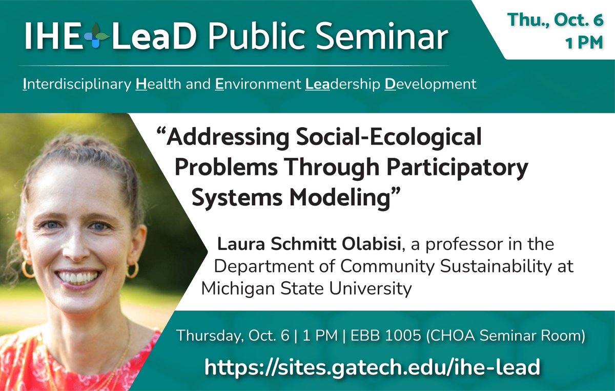 Weitz Group (@weitz_group) on Twitter photo Join us TODAY for a special IHE-LeaD seminar!
Laura Schmitt Olabisi from <a href="/MSUCSUS/">MSU Department of Community Sustainability</a> will give her talk entitled "Addressing Social-Ecological Problems Through Participatory Systems Modeling" today at 1 pm in EBB 1005.
🗓 b.gatech.edu/3EgxAg6 Join us TODAY for a special IHE-LeaD seminar!
Laura Schmitt Olabisi from <a href="/MSUCSUS/">MSU Department of Community Sustainability</a> will give her talk entitled "Addressing Social-Ecological Problems Through Participatory Systems Modeling" today at 1 pm in EBB 1005.
🗓 b.gatech.edu/3EgxAg6