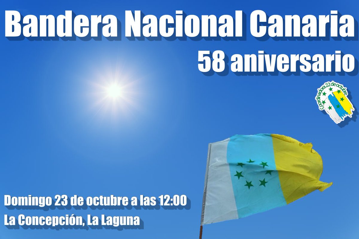 Un año más salimos a la calle en el aniversario de la Bandera Nacional Canaria.

Nos vemos en Aguere el domingo 23 de octubre a las 12:00.

#Canarias #22deOctubre