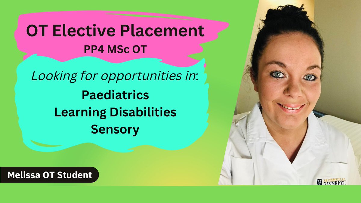 Hi 👋 OT Twitter! I am looking for opportunities for my OT Elective Placement. I am interested in #paediatric #sensory #learningdisabilities In NW of England 🙌🏻 
#OTstudent #StudentOT #OccupationalTherapy #paediatricOT #childrensOT #sensoryintegration #LSCFT #NorthWest #Lancs