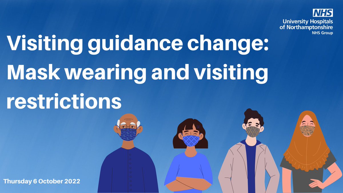 From today (Thursday 6 October) we will be making it mandatory for all visitors to adult inpatient wards and clinical areas to wear facemasks.
As well as this we will be restricting visiting to one visitor for one hour per day.
Read more: northamptongeneral.nhs.uk/Home.aspx