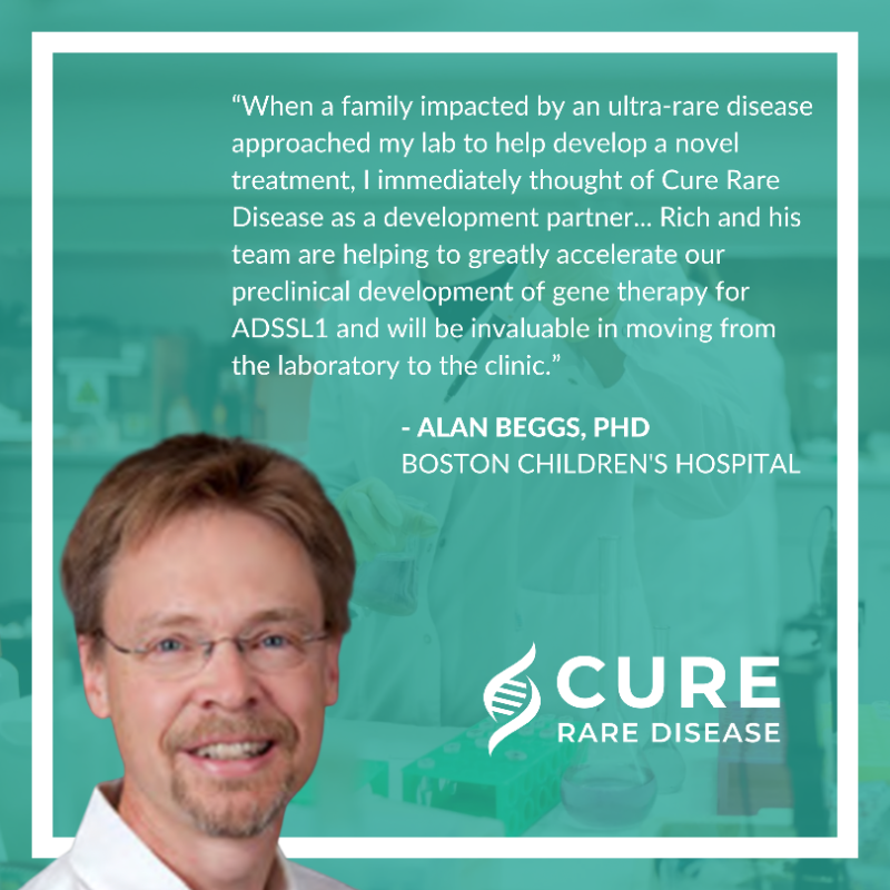 CureRareDisease's tweet photo. Having collaborators like Prof. Alan Beggs at @BostonChildrens is why our research & development of therapies for #ADSSL1 can move forward. CRD's collaboration with Boston Children's is developing an AAV-based #genereplacement strategy & is in early stages of testing efficacy.