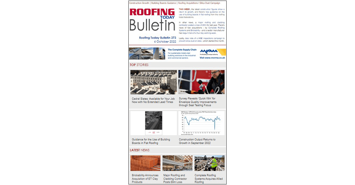 RoofingToday's tweet photo. 📢 OUT NOW! 📰 Bulletin 373: https://t.co/0WDHAfgWRV - #roofing #contractor posts £9m loss; latest #construction output; #Brickability acquires @ETClayProducts; @H_S_E #inspections begin; @singleply announces new joint guidance document with @LRWAssociation & @TheNFRC; & more! https://t.co/FPgzkr5zLT
