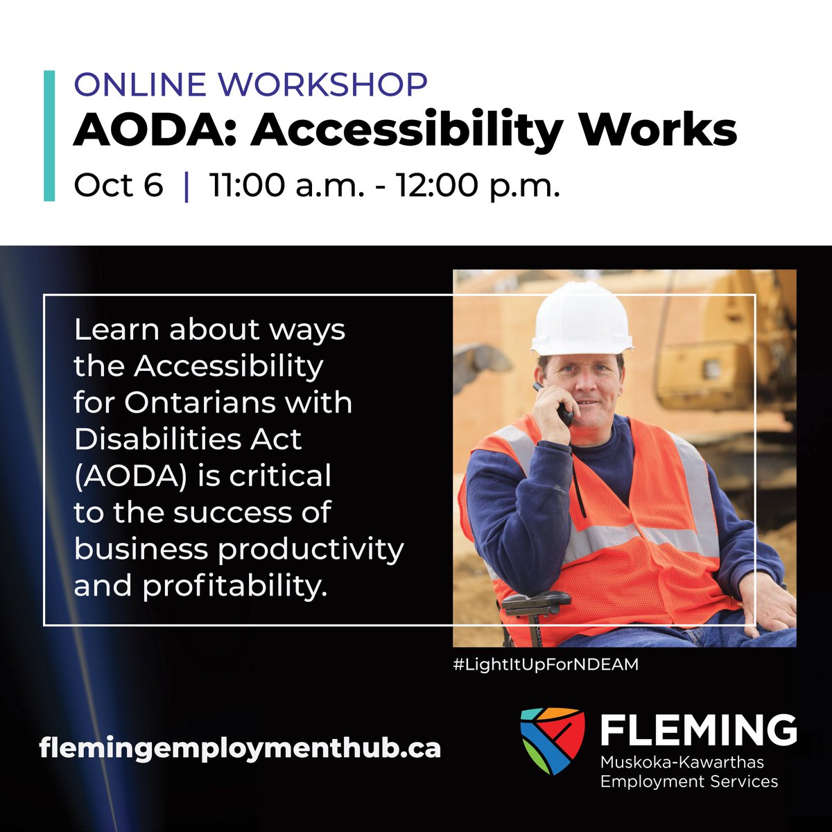 MKEmploymentHub's tweet photo. Join us online at 11 am today to learn how AODA is critical to the success of your business productivity and profitability. The link to this workshop and others are available on our website: https://t.co/XPvNX9FliL 
#NDEAM #LightItUpForNDEAM https://t.co/Sma1kjKjxm