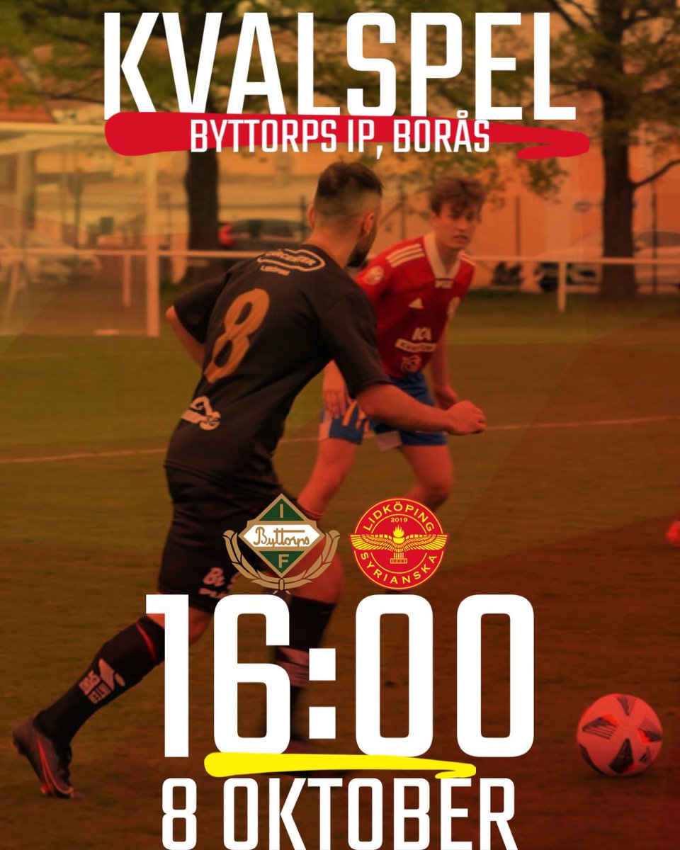 🔴KVALSPEL🟡

På lördag åttonde oktober spelar vi våran första kvalmatch mot Byttorps IF. 

Matchen spelas borta på Byttorps IP i Borås. 

Matchstart 16:00

#tihesuryoye❤️💛
