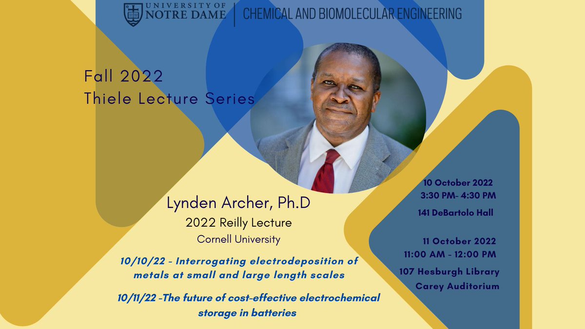 Prof Lynden Archer will be giving a talk on Monday, &amp; Tuesday (Oct. 10 &amp; 11).  Mon. 3:30 in 141 DeBartolo and Tues. 11:00 in Carey Auditorium.  All are welcome.
Check out our website for more information: cbe.nd.edu/events/   <a href="/CornellEng/">Cornell Engineering</a> <a href="/NDengineering/">Notre Dame Engineering</a>