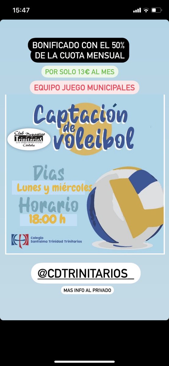 GRAN OPORTUNIDAD PARA APRENDER CON TUS AMIG@S. Equipo de voleibol femenino , bonificado por el <a href="/cdtrinitarios/">CD Trinitarios</a>  con el 50% de cada cuota mensual.  Infórmate al privado