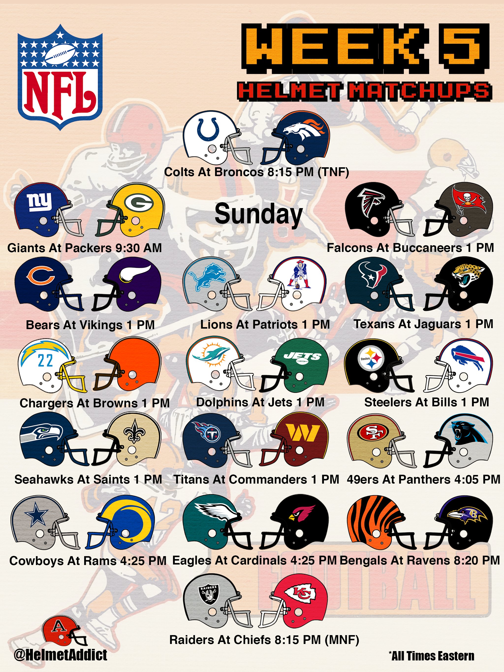 𝙃𝙚𝙡𝙢𝙚𝙩 𝘼𝙙𝙙𝙞𝙘𝙩 on Twitter "Week 5 Helmet matchups. Not every team has