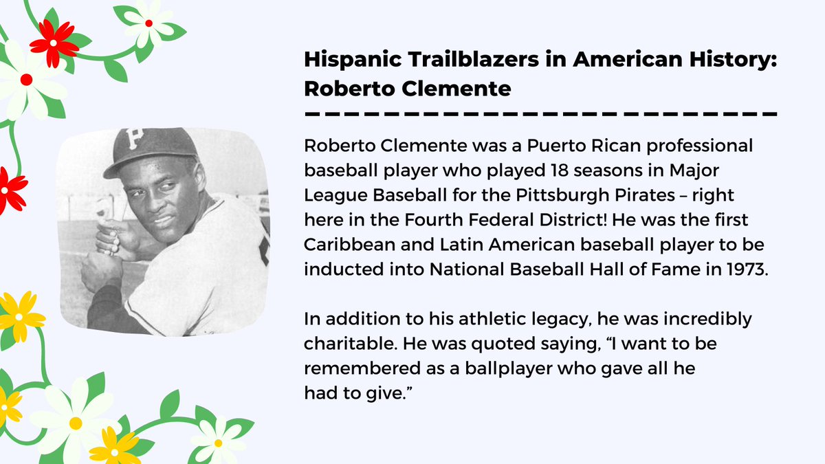 ClevelandFed's tweet photo. Meet the next trailblazer our Somos Uno Resource Network Group is highlighting for #HispanicHeritageMonth: Roberto Clemente, the Hall of Fame baseball player who played right here in the Fourth District! https://t.co/3ecpInQYSX