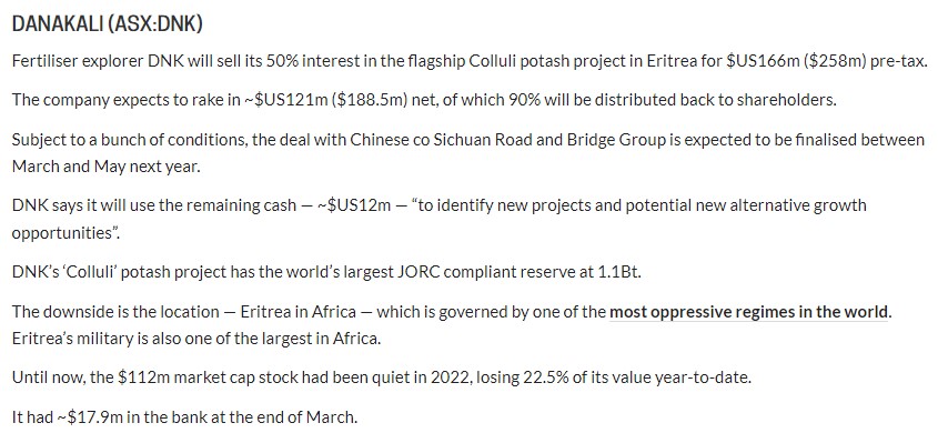 MetalsResearch's tweet photo. Danakali (https://t.co/w2Q6OeSCCr) has just sold 50% of its potash project in Eritrea for USD 166M (AUD 258M).
This is more than double its market cap which is currently only AUD 127M.
Potash is in great demand nowadays.
(Source: @StockheadAU) https://t.co/WLWXA8Ju2e