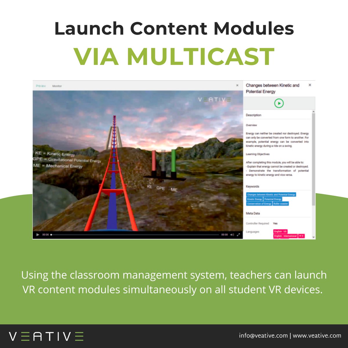 This feature ensures that all students remain in-sync with the teacher, as they experience the same content as a group. This requires limited WiFi connectivity for monitoring purposes (small boxes allow a teacher to view inside a user’s headset).