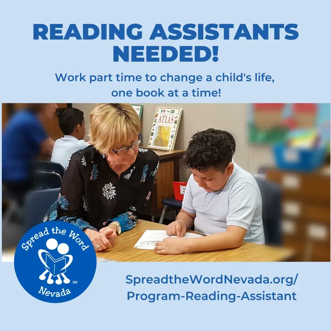 SpreadtheWordNV's tweet photo. 🧑‍🏫 WE NEED READING ASSISTANTS! 🧑‍🏫 ​  

Interested in working part-time for the state's largest children's literacy non-profit? We are looking for awesome folks to help propel our Books &amp; Buddies program. 
For more information and to sign up, visit https://t.co/dqpFoIRmpb https://t.co/D9ti3LxCjx