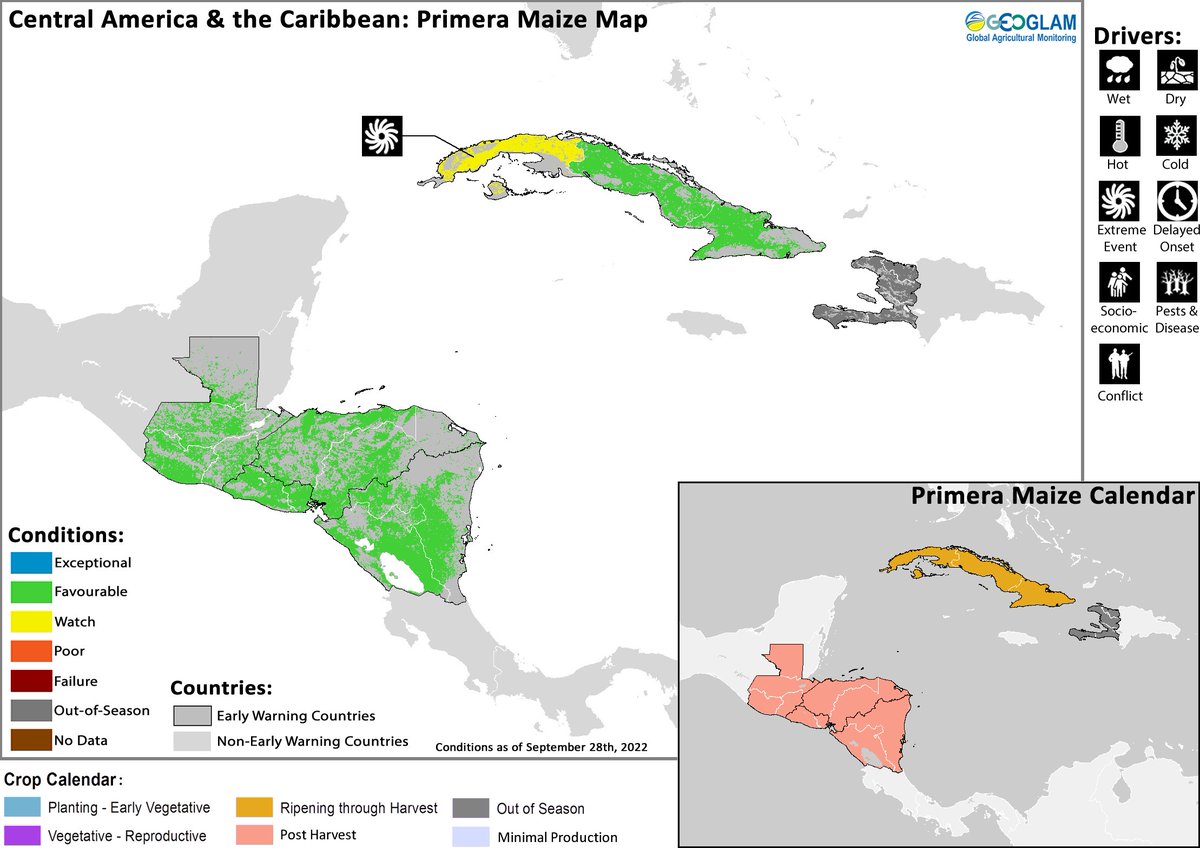 GEOCropMonitor's tweet photo. In #CentralAmerica, conditions are generally favorable for harvesting of #Primera season cereals &amp; planting of #Segunda &amp; #Postrera season cereals, &amp; near-average rainfall is forecast to continue into early October. #CM4EW October bulletin https://t.co/8NjLa3TvHX @climatehazards https://t.co/gJCdFylZHO