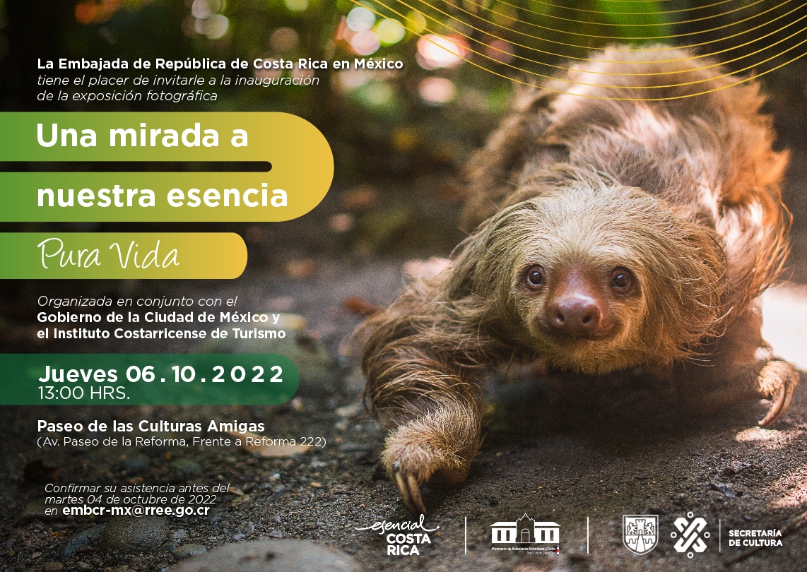 Les invitamos hoy, 06 de octubre a las 13:00 hrs a la inauguración de la exposición fotográfica "Una mirada a nuestra esencia Pura Vida". Frente a Reforma 222 en el Paseo de la Reforma, CDMX.
