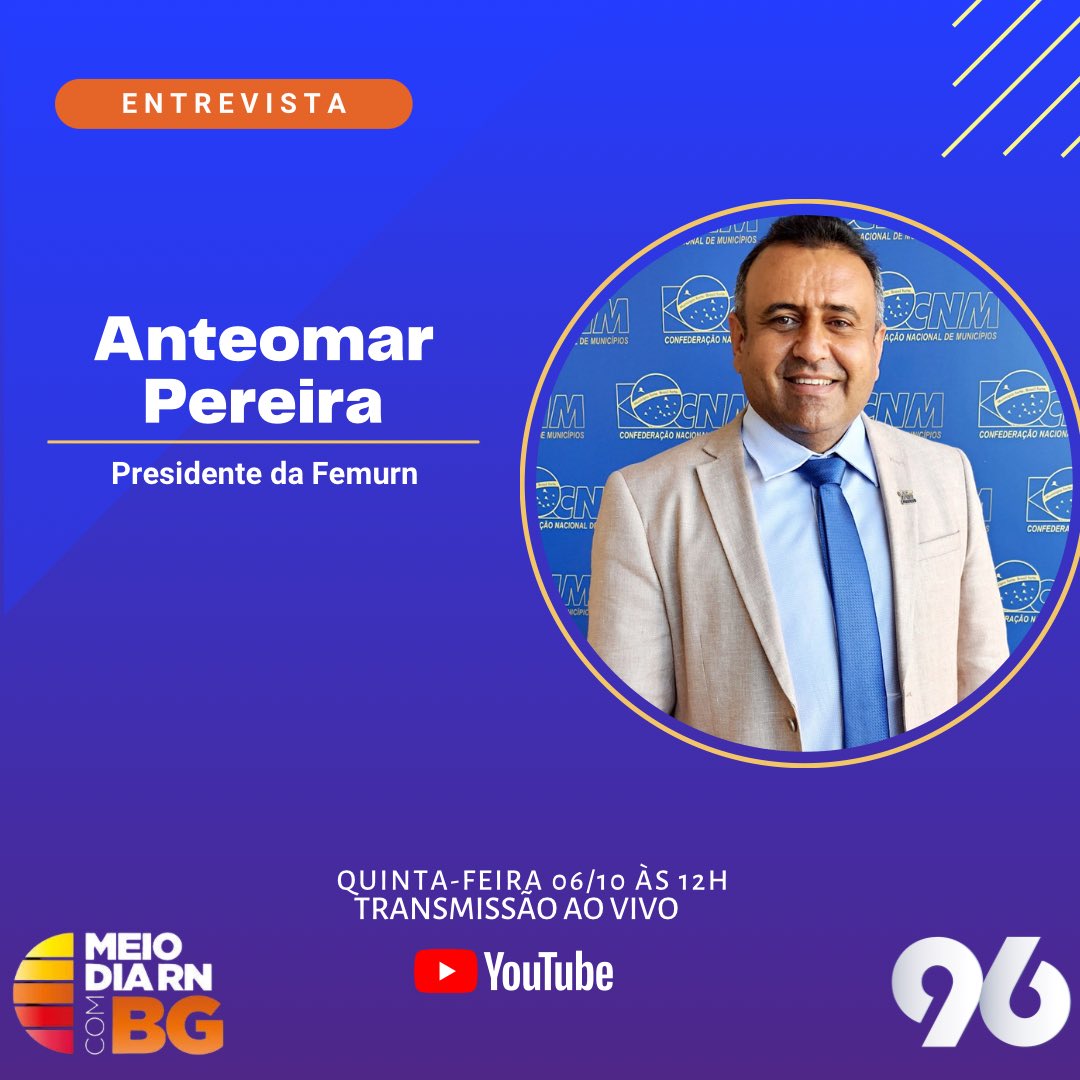Entrevistado desta quinta-feira, Anteomar Pereira, Presidente da Femurn. 

▶️ Participe do programa através do WhatsApp do Meio-Dia RN: +55 84 99212-2276. 

Acompanhe o Meio-Dia RN no canal da 96 FM no YouTube ▶️ youtube.com/96fmnatal