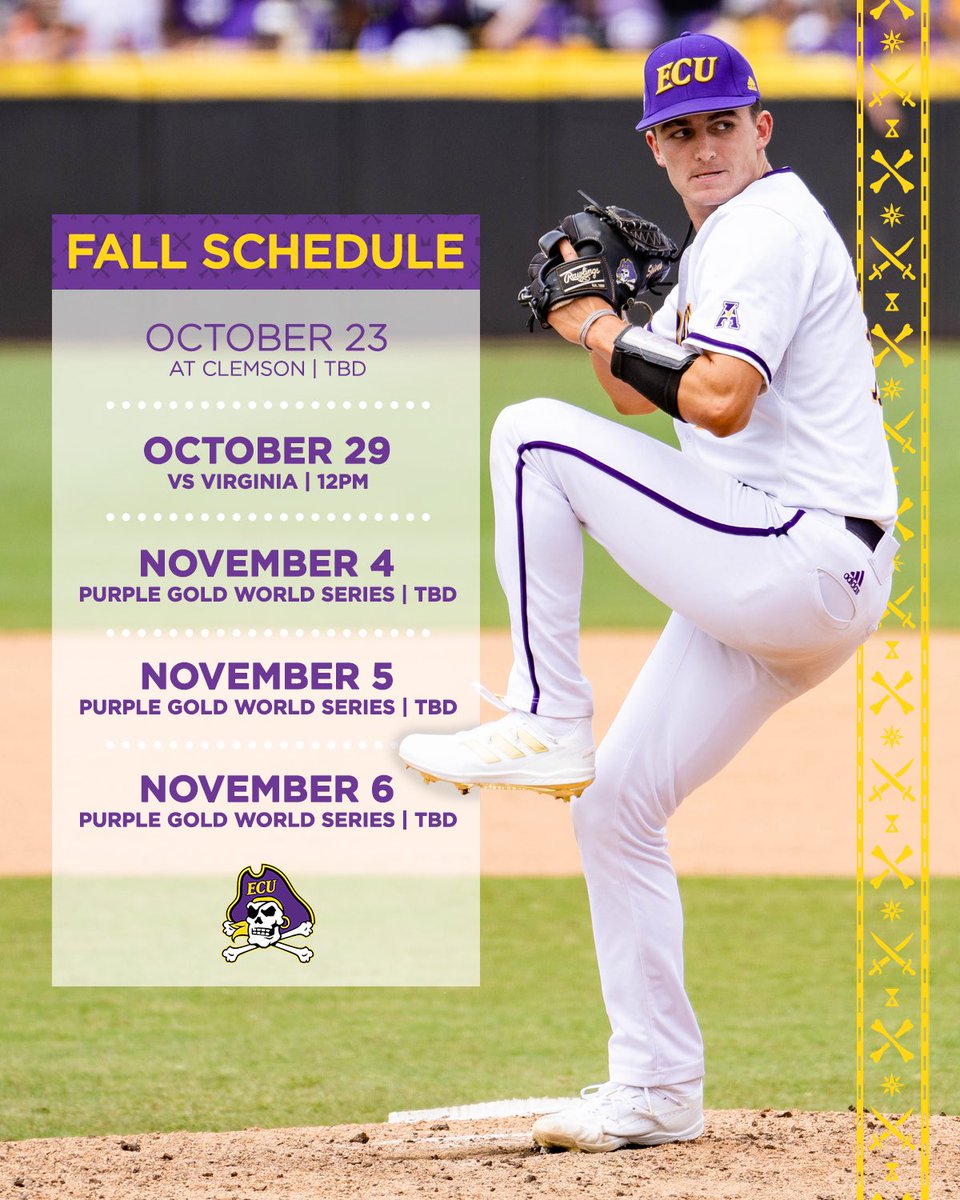 Mark your calendars for the end of October and start of November! Come out to Clark-LeClair Stadium and cheer on the P.I.R.A.T.E.S. against UVA and in the Purple Gold World Series. 🏴‍☠️