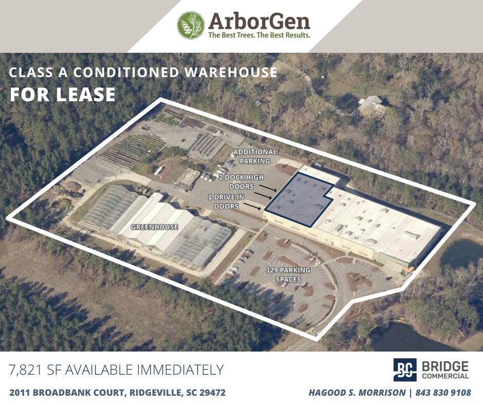 FOR LEASE: 

7,821 SF class A conditioned warehouse available in Ridgeville, SC. Available immediately. Call Hagood Morrison for more details on this opportunity!

#bridgecommercial #charlestonsc #warehouse #industrial #forlease #classA #availablenow #southcarolina