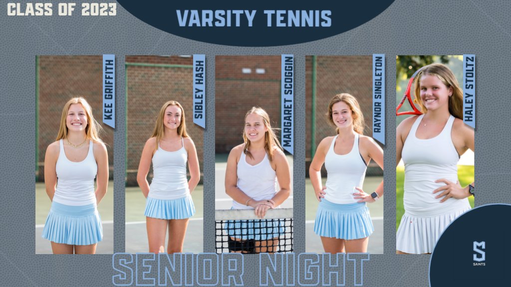 SMSAthleticsNC's tweet photo. The Athletic Department is excited to celebrate our Varsity Tennis Seniors this afternoon, and all they have accomplished while a Saint Mary's Athlete. The ceremony begins at 3:45 with a match against Cary Academy to follow. #StrongerTogether #GoSaints #GreatestYear #Classof2023 https://t.co/VgLQQj73IQ