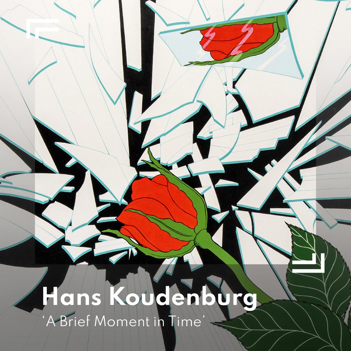 collectioneurs's tweet photo. ‘A Brief Moment in Time’ toont een roos die een wit oppervlakte in stukken heeft gebroken. Het schilderij is gemaakt door kunstenaar Hans Oudenburg. Het werk is geschilderd in cartoon stijl. Onderaan is het doek gesigneerd. Datering: 2007. Acrylverf op doek, 100 x 100 cm. https://t.co/kcyuAxGByp