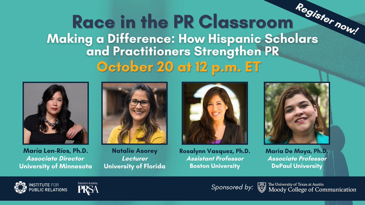 A NEW #RPRC🎓 is coming October 20! <a href="/NatalieAsorey/">Natalie Asorey</a>, @mlenrios, <a href="/RosalynnVasquez/">Rosalynn A. Vasquez</a>, and <a href="/mdemoya/">Maria De Moya (BlueSky: @mdemoya)</a> will lead a free virtual discussion on how Hispanic PR professionals make a lasting impact in the field. Register here: ow.ly/Wv1Z50L2xxM
