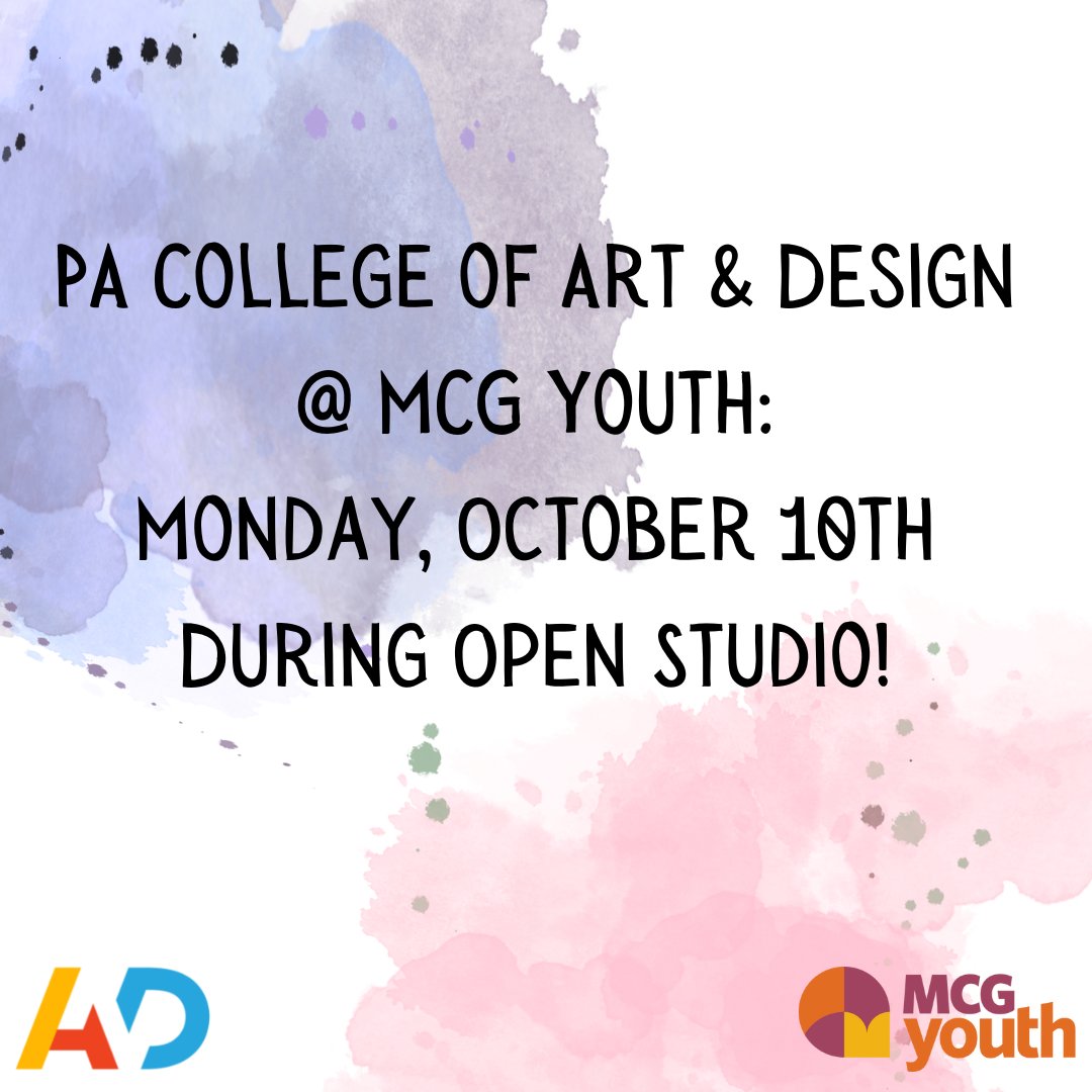 MCGYouth's tweet photo. Attention MCG Youth: Pennsylvania College of Art and Design  will be joining us for open studios this Monday, October 10th, to talk to students during open studio regarding their programming. We look forward to hosting this information session! https://t.co/ZBaVa9Kawv