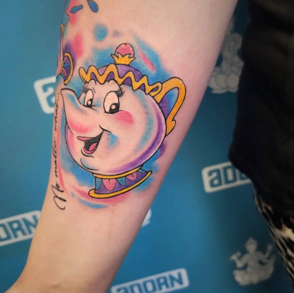 adornbodyart's tweet photo. A darling, colorful tattoo of Mrs. Potts and Chip from Beauty and the Beast for a sweet client, done by Corey Grace 

Who is your favorite Disney character?✨

To schedule your next tattoo appointment with Corey make sure to email him at coreygrace406@gmail.com 💥 https://t.co/fFPnsD3zqu