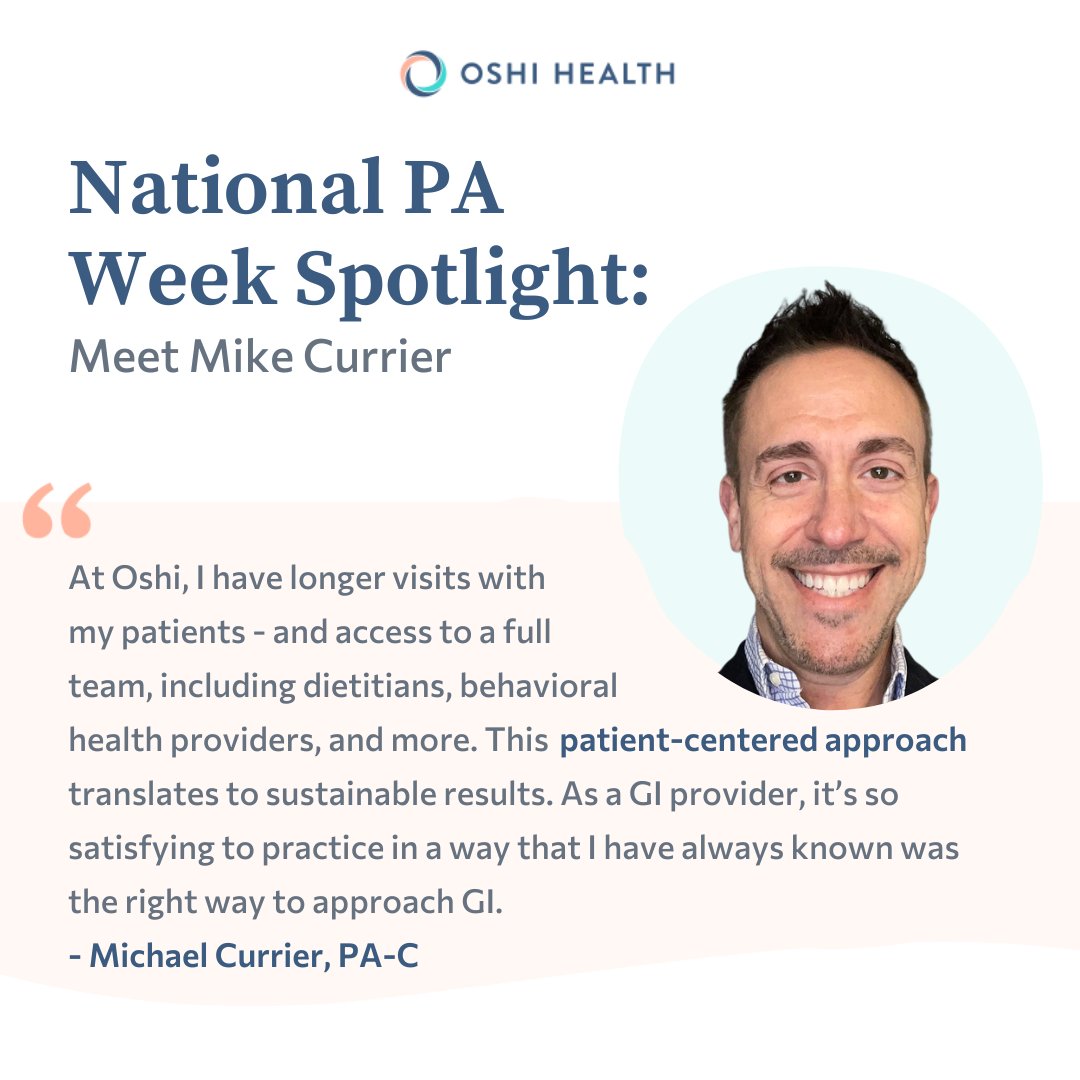 OshiHealth's tweet photo. Meet Michael Currier, PA-C, GI #PhysicianAssociate at Oshi Health!

Michael is passionate about patient-centered #GIcare and improving the quality of life for people living with digestive diseases. 

We are so grateful to have Michael and so many more amazing PAs on our team! https://t.co/rcp4OckrmH