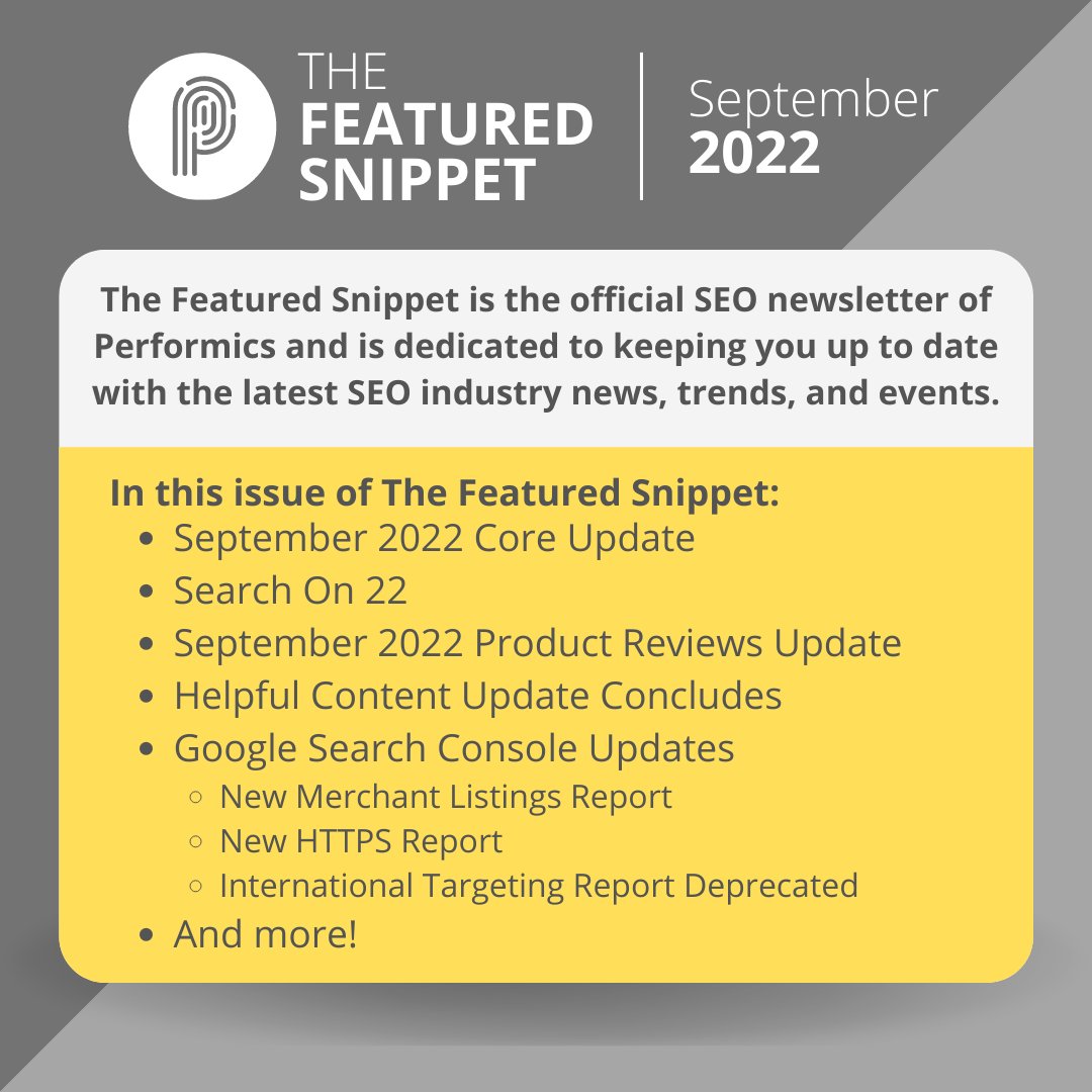 test Twitter Media - In a world of ever-evolving SEO updates, stay up to date with The Featured Snippet - Performics' monthly newsletter covering all things SEO! September's issue covers September's 2022 Core Update, Search On 22,  Google Search Console Updates, and much more. https://t.co/swNnXiD2NA https://t.co/Q4XI11PMNk