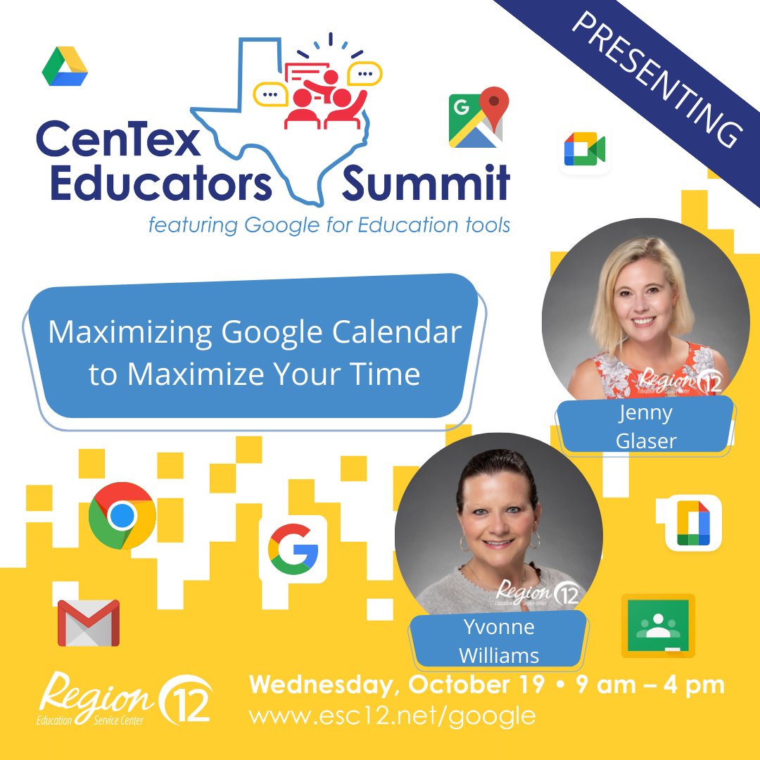 CenTex Summit Featuring Google on October 19! esc12.net/google Agenda - bit.ly/cesgoogleagenda Prizes! 🌟Google lanyards & Google Education canvas bags for everyone 🌟Door prizes (includes 50 dollar Amazon gift cards) Check out this presenter! #Google @Region12