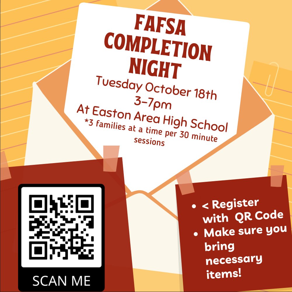 Seniors: 

Do you and your family need assistance with completing your Free Application for Federal Student Aid?  EAHS is offering a FAFSA Completion Night on October 18th from 3:00pm to 7:00pm. Sign up by clicking the link below! 

docs.google.com/forms/d/e/1FAI…