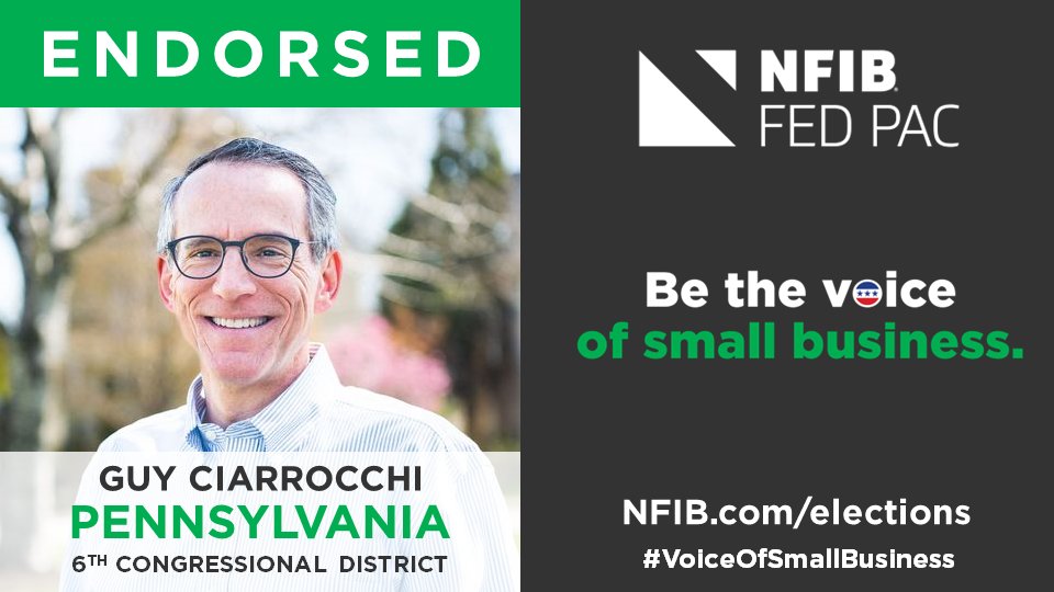 NFIB FedPAC is proud to endorse @guyciarrocchi for election to the U.S. House. 'He recognizes that #Pennsylvania #smallbiz are facing high inflation, supply chain issues, & staffing shortages,' said @nfib_pa's Greg Moreland. nfib.com/content/news/e… #VoiceOfSmallBusiness #PA06