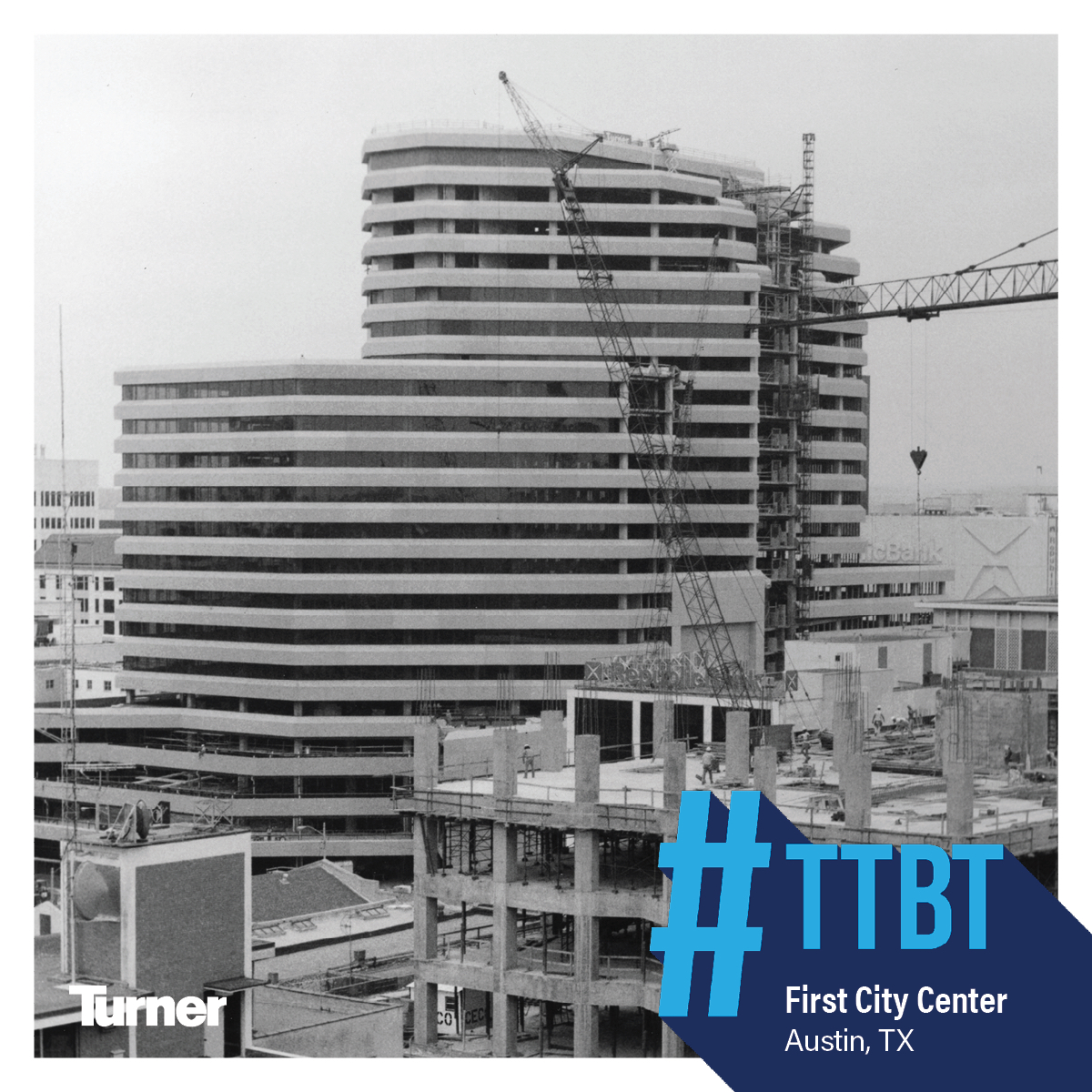 Throwing it WAY back for our #TTBT this week!  Our very first Austin project was completed in 1983, a new office facility for First City Bank. The 20-story, 686,000 sq. ft. facility also included a parking garage and rooftop helicopter pad. #turnerthrowbackthursday