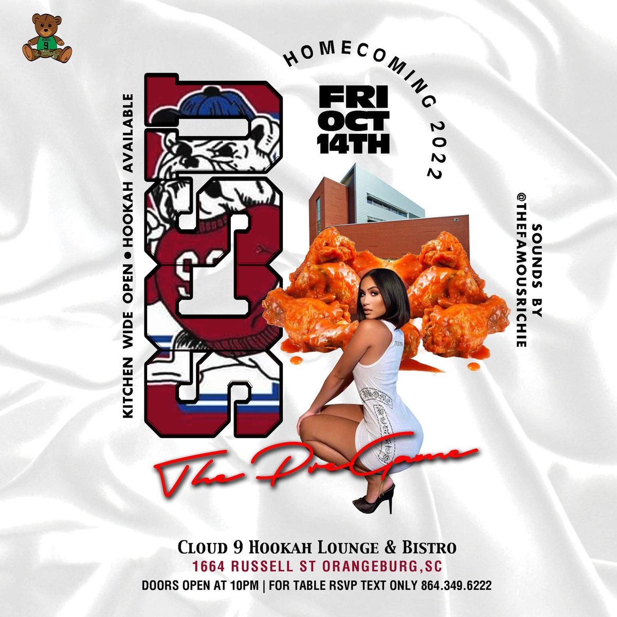 RondoPromoLLC's tweet image. Friday, October 14th 

#ThePreGame 🐶

We Kicking Off Homecoming Weekend At The Infamous @cloud_9_hookah_bar 

Sound Track Provided By @thefamousrichie 🎬

•Outside Patio Access 
•Hookah Available 
•Kitchen Wide Open 

For Table #RSVP (TEXT ONLY) 864.349.6222 or DM To Reserve!