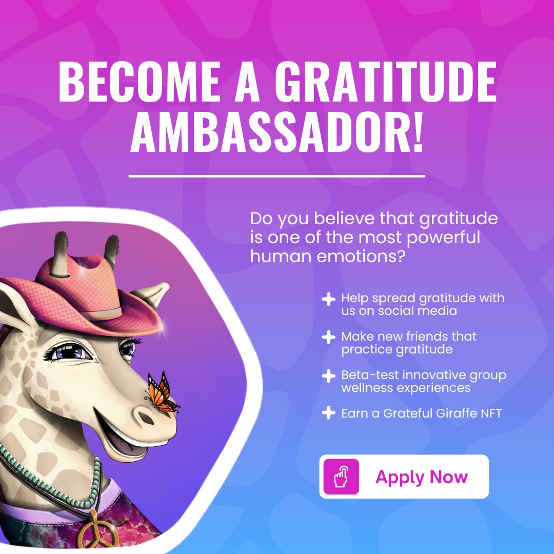 We’re opening up applications for our gratitude ambassador program! 

🦒 Help spread gratitude with us on social media
🦒 Make new friends that practice gratitude
🦒Beta-test innovative group wellness experiences
🦒Earn a Grateful Giraffe NFT

Apply via link in our bio or DM us!
