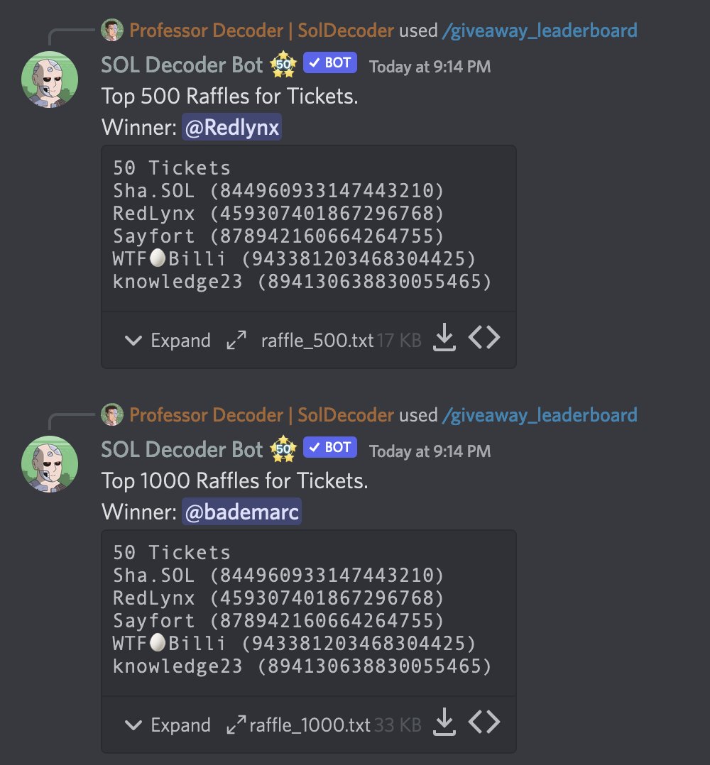 SOL_Decoder's tweet image. 🎁Giveaway "function" update for e2e coming❗️

◾️You will be able to pick winner/s from past leaderboard via custom raffles.

◾️Bonus entries for higher ranks on the leaderboard, to try and reward those more engaged. 

◾️Bonus XP for holding more NFTs and mad scientists.🤖🧙‍♂️
#C3D