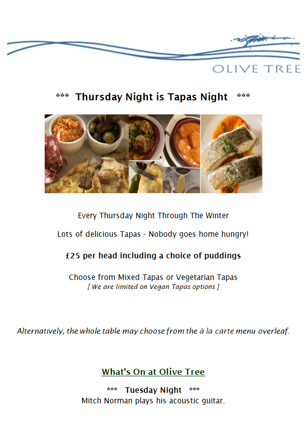 OliveTreeBrid's tweet photo. Tapas Night starts tonight ! 
And we've kept last year's price 🙂
Delicious inflation-beating food at Olive Tree Restaurant https://t.co/WTrNitMoGn