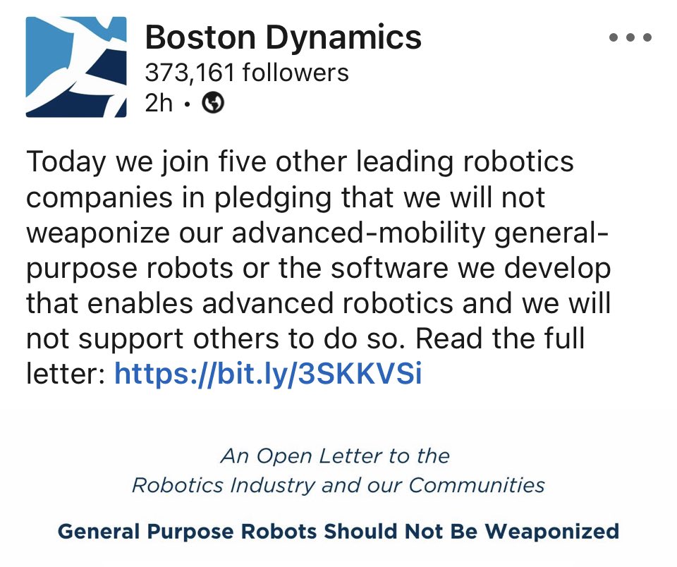 KyleMorgenstein's tweet photo. six of the largest robotics companies in the world just pledged to never build weaponized robots. this is huge!!!

link to the letter: https://t.co/huBgx3ZVo0 https://t.co/Xlaos0G10S